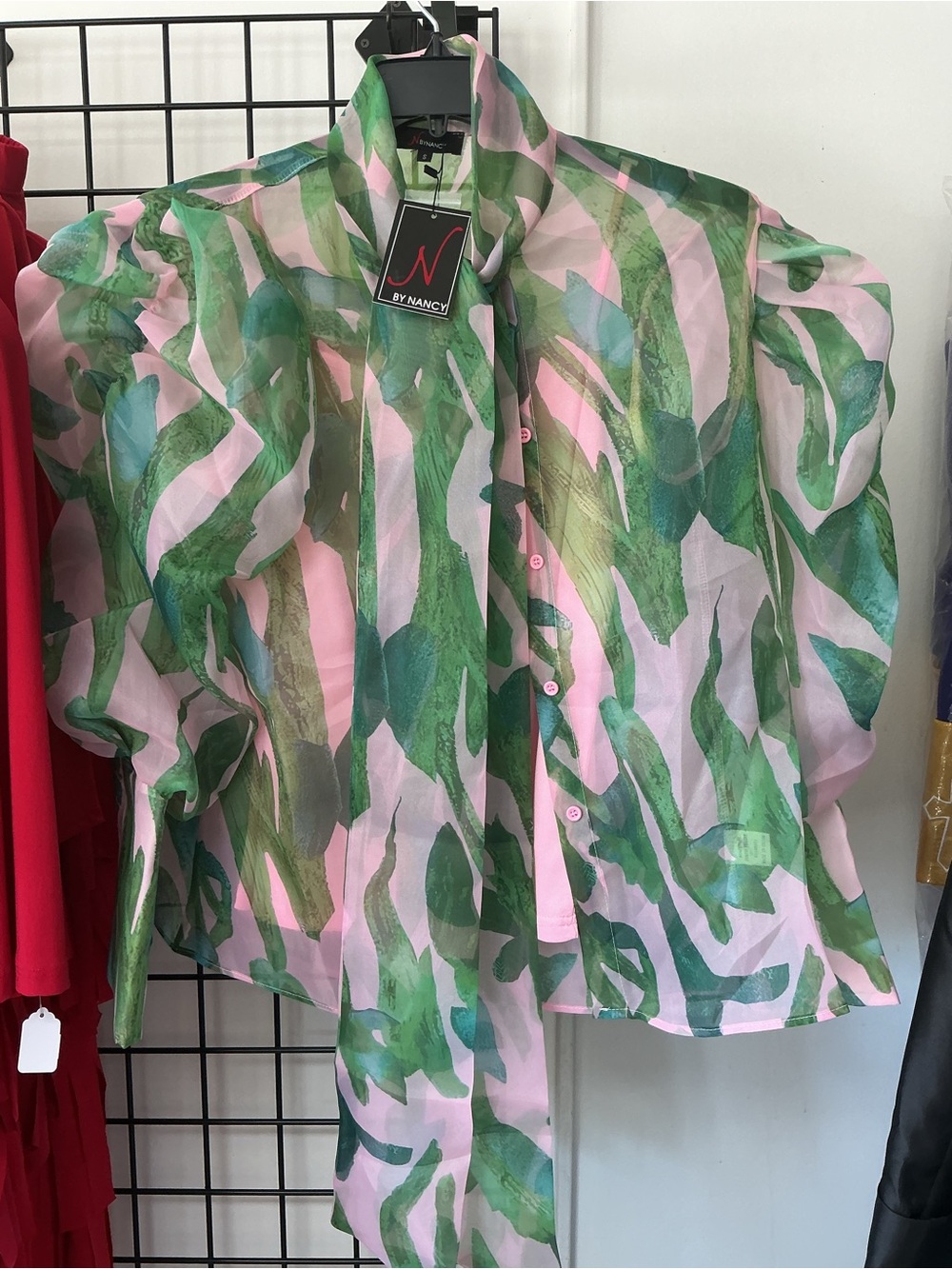 N by Nancy Pink & Green Sheer Button-Down Blouse
